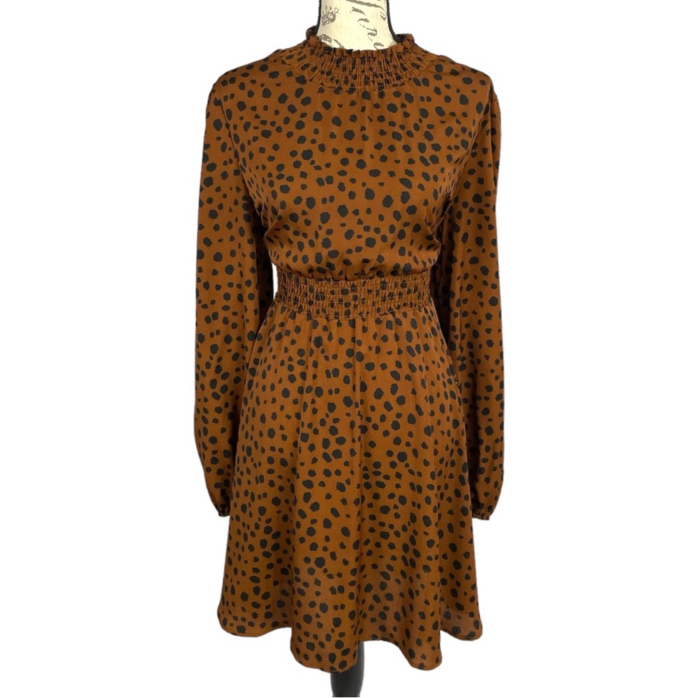 SHEIN Women’s Animal Print Long Sleeve Smocked Neck & Waist Midi Dress